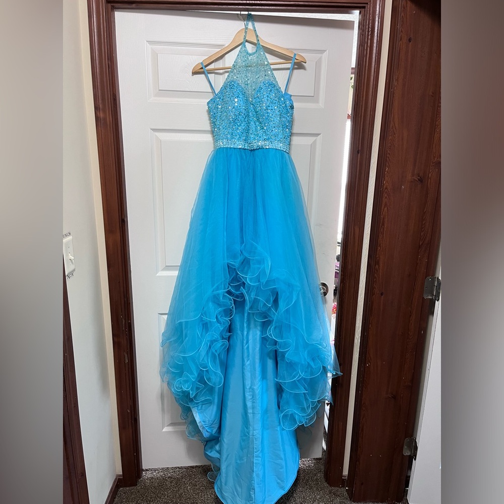 Blue high-low tulle prom dress